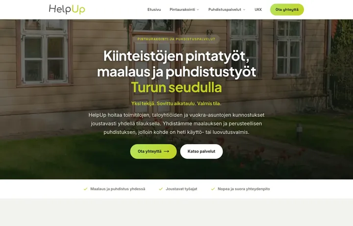 HelpUpin kotisivujen etusivu: kiinteistöjen pintatyöt, maalaus ja puhdistus Turun seudulla