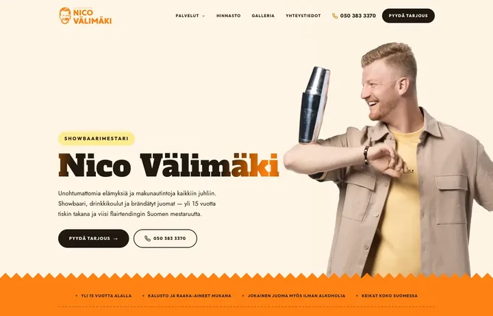 Nico Välimäen kotisivujen etusivu: showbaarimestari tapahtumiin ja juhliin