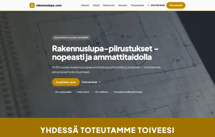 Rakennuslupa.comin kotisivujen etusivu: rakennuslupapiirustukset koko Suomeen