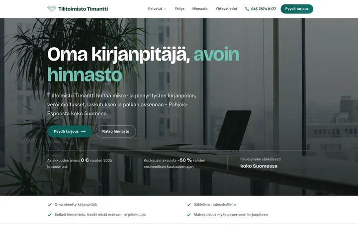 Tilitoimisto Timantin kotisivujen etusivu: oma kirjanpitäjä ja avoin hinnasto